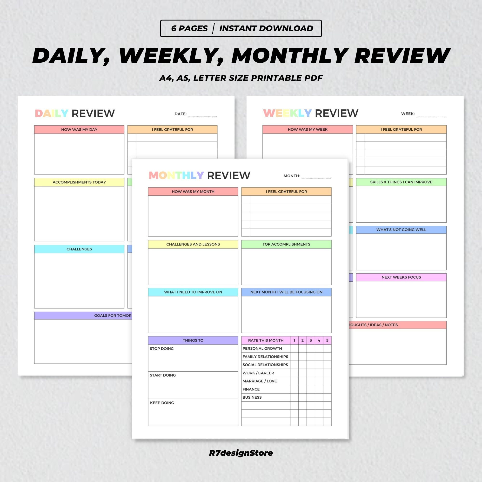 Daily, Weekly, Monthly Review Printable, Gratitude Reflections Log ...