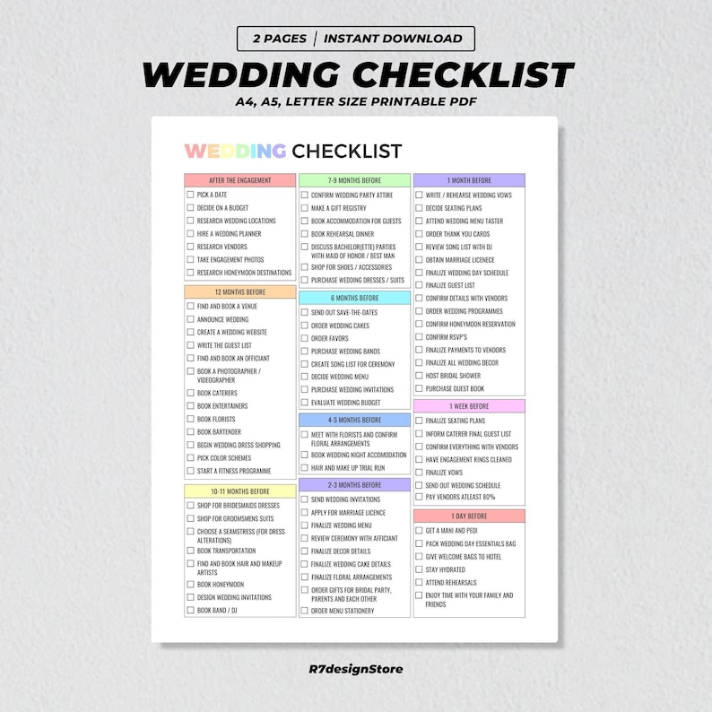 May include: A printable wedding checklist in pink, blue, and green with a checklist of tasks to complete before the wedding. The checklist is divided into sections based on the number of months before the wedding. The checklist includes tasks such as booking a venue, hiring a photographer, and sending out invitations.