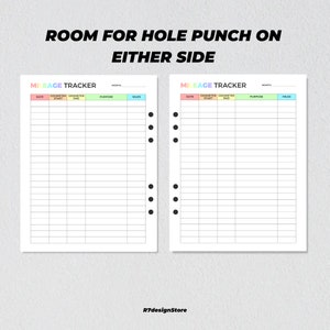 May include: Two printable mileage tracker pages with a black and white grid and colorful headers. The headers include "Date", "Odometer Start", "Odometer End", "Purpose", "Month", and "Miles". The pages are designed for hole punching on either side.