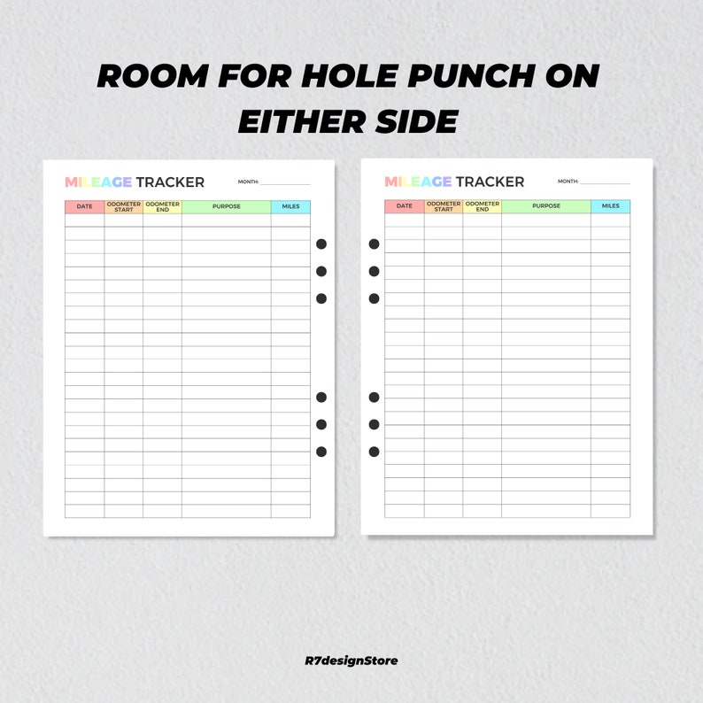 May include: Two printable mileage tracker pages with a black and white grid and colorful headers. The headers include "Date", "Odometer Start", "Odometer End", "Purpose", "Month", and "Miles". The pages are designed for hole punching on either side.