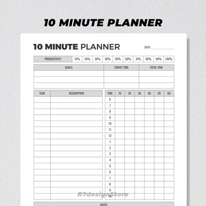 May include: A black and white printable 10-minute planner with sections for productivity, goals, target time, total time, task, description, and time. The planner has a grid layout with columns for 6, 7, 8, 9, 10, 11, 12, 1, 2, 3, 4, 5, 6, 7, 8, 9, 10, and rows for 10, 20, 30, 40, 50, and 60.