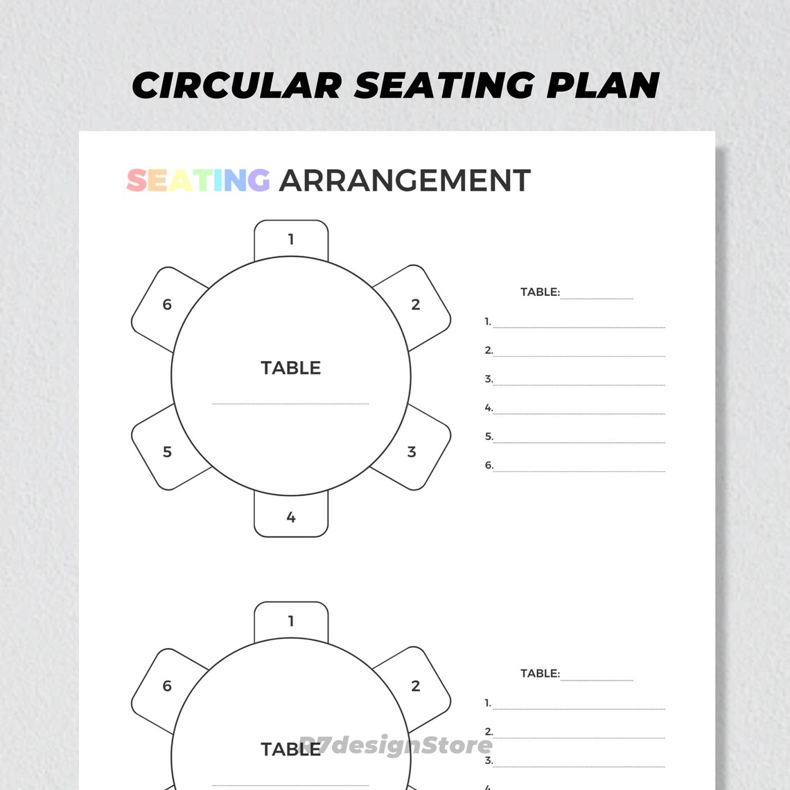 Wedding Table Seating Chart Printable, Round Table Seat Planner, Event ...