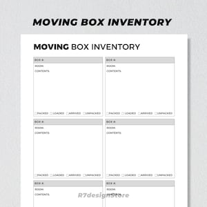 K&ouml;nnte beinhalten: Eine druckbare Umzugsbox-Inventarliste mit vier Abschnitten zum Auflisten von Boxennummern, Raum, Inhalt und Status. Die Statusoptionen sind verpackt, geladen, angekommen und ausgepackt.