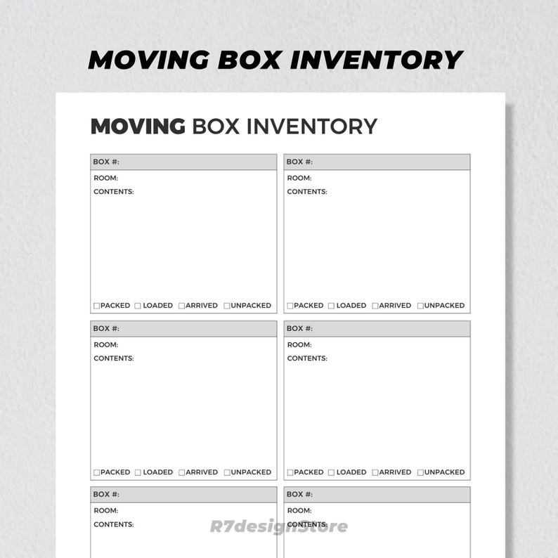 K&ouml;nnte beinhalten: Eine druckbare Umzugsbox-Inventarliste mit vier Abschnitten zum Auflisten von Boxennummern, Raum, Inhalt und Status. Die Statusoptionen sind verpackt, geladen, angekommen und ausgepackt.
