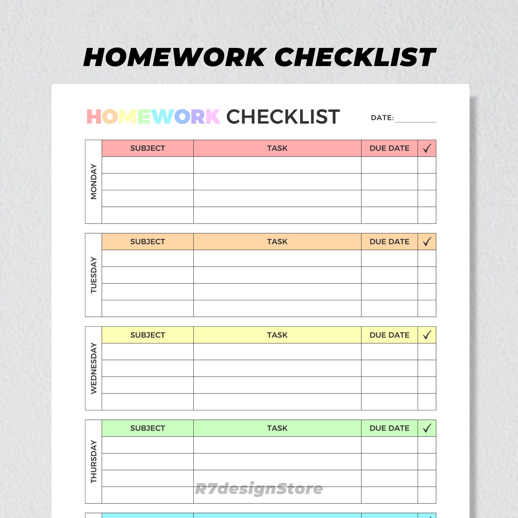 Homework Checklist Printable, Weekly Homework Tracker, Student ...