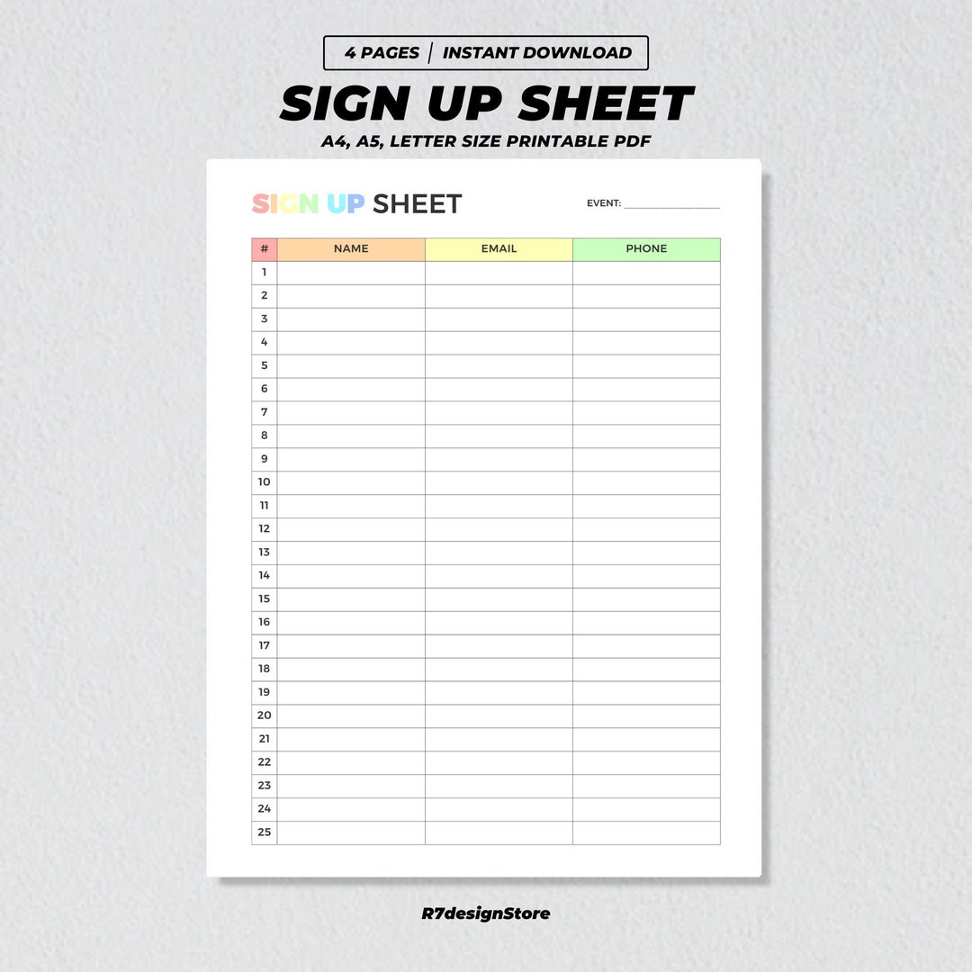 Sign up Sheet Printable, Event Sign up List, Customer Email Phone Sign