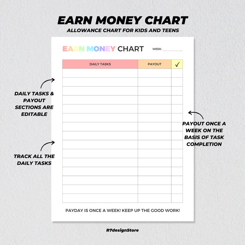 Earn Money for Kids Printable, Weekly Allowance Chore Chart Tracker ...