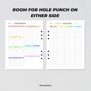 May include: Two white planner pages with colorful headers and lined sections for organization. One page is labeled "SHIFT ORGANIZER" and the other "MEDICATION TRACKER." The text "ROOM FOR HOLE PUNCH ON EITHER SIDE" is at the top. The shop name "R7designStore" is at the bottom.