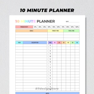 May include: A printable 10-minute planner with sections for productivity, goals, target time, total time, task, description, and time. The planner is color-coded with pastel colors.