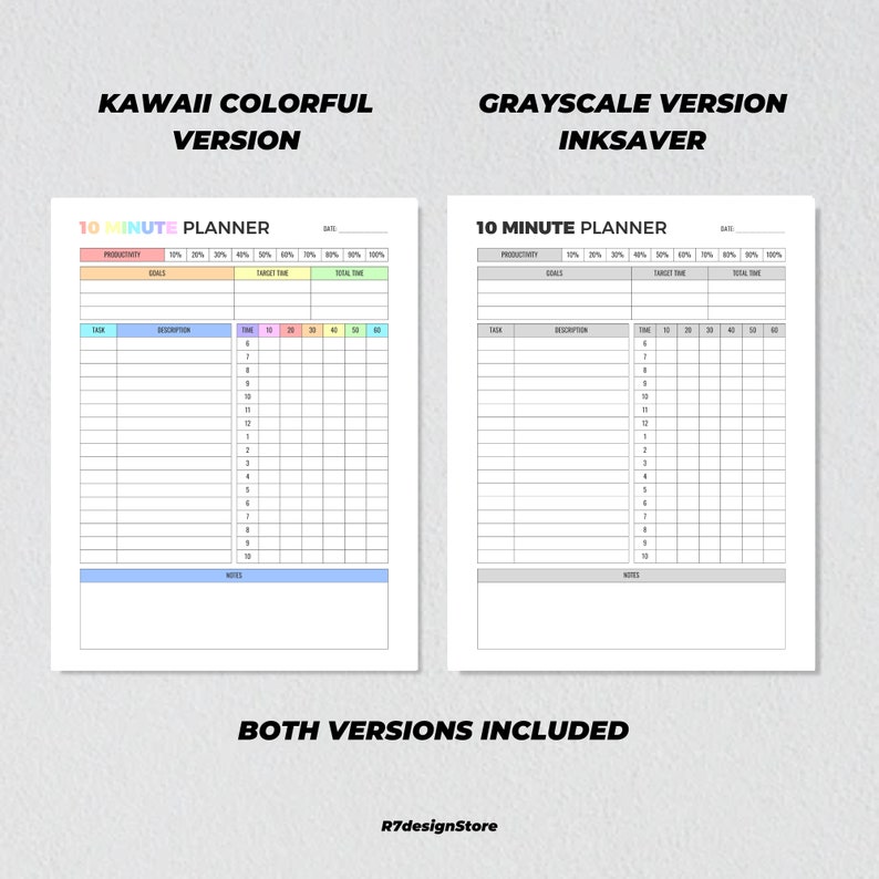 May include: Two versions of a 10-minute planner, one with a colorful kawaii design and one in grayscale. Both planners have sections for productivity, goals, target time, total time, task, description, time, and notes.