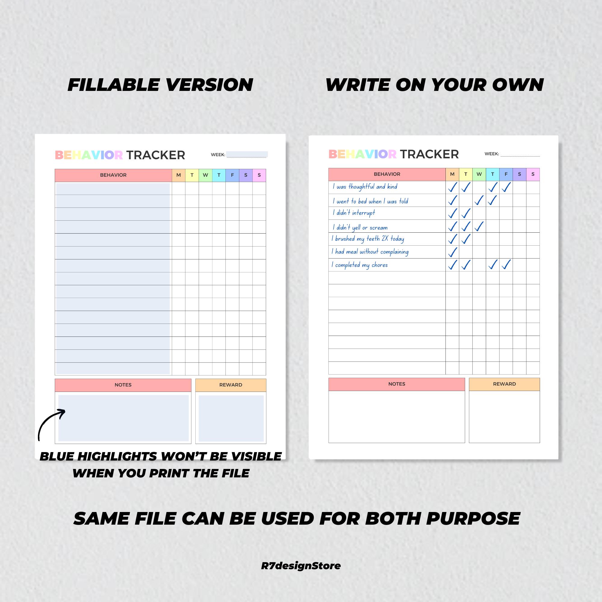 Behavior Tracker for Kids Printable, Fillable Behavior Chart, Colorful ...