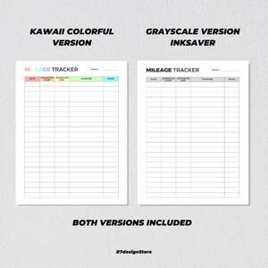 May include: Two printable mileage tracker pages. The left page is colorful with pink, yellow, green, and blue accents. The right page is in grayscale. Both pages have the title "Mileage Tracker" and columns for date, odometer start, odometer end, purpose, and miles.