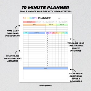 May include: A printable 10-minute planner with a colorful design. The planner includes sections for daily goals, productivity, tasks, descriptions, time, notes, and reminders.