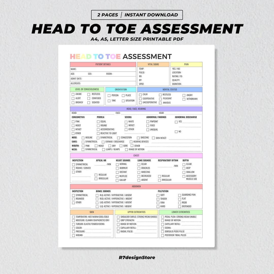 Head to Toe Assessment Printable Nursing Student Notes Nurse