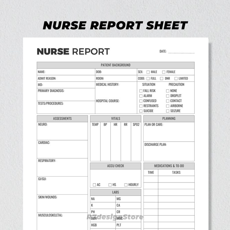 Med Surg Nurse Report Sheet Printable, Single Patient Reporting, Patient Assessment, Nurse Brain ...