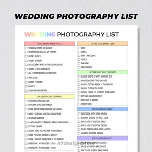 Wedding Photography Checklist Printable, Wedding Planner, Bride Groom ...