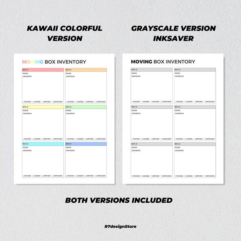 K&ouml;nnte beinhalten: Druckbare Umzugsbox-Inventarliste in zwei Versionen: eine farbenfrohe Kawaii-Version und eine Graustufen-Tintensparversion. Jede Version hat vier Boxen mit Platz zum Schreiben der Boxnummer, des Raumes und des Inhalts. Die Checkliste enth&auml;lt Spalten f&uuml;r verpackt, geladen, angekommen und ausgepackt.