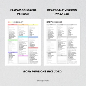 K&ouml;nnte beinhalten: Eine druckbare Baby-Checkliste in zwei Versionen: eine farbenfrohe Kawaii-Version und eine Graustufen-Tintensparversion. Die Checkliste umfasst Kategorien f&uuml;r das Kinderzimmer, Kleidung, Spielzeug, F&uuml;ttern, Baden, Gesundheit & Sicherheit und Extras.