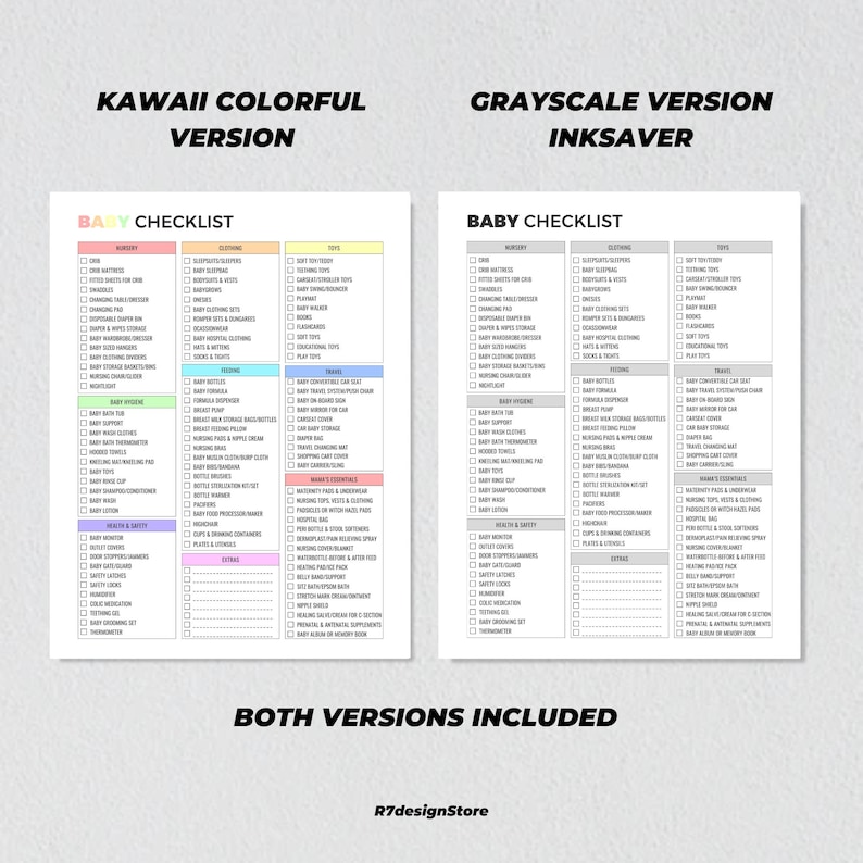 K&ouml;nnte beinhalten: Eine druckbare Baby-Checkliste in zwei Versionen: eine farbenfrohe Kawaii-Version und eine Graustufen-Tintensparversion. Die Checkliste umfasst Kategorien f&uuml;r das Kinderzimmer, Kleidung, Spielzeug, F&uuml;ttern, Baden, Gesundheit & Sicherheit und Extras.