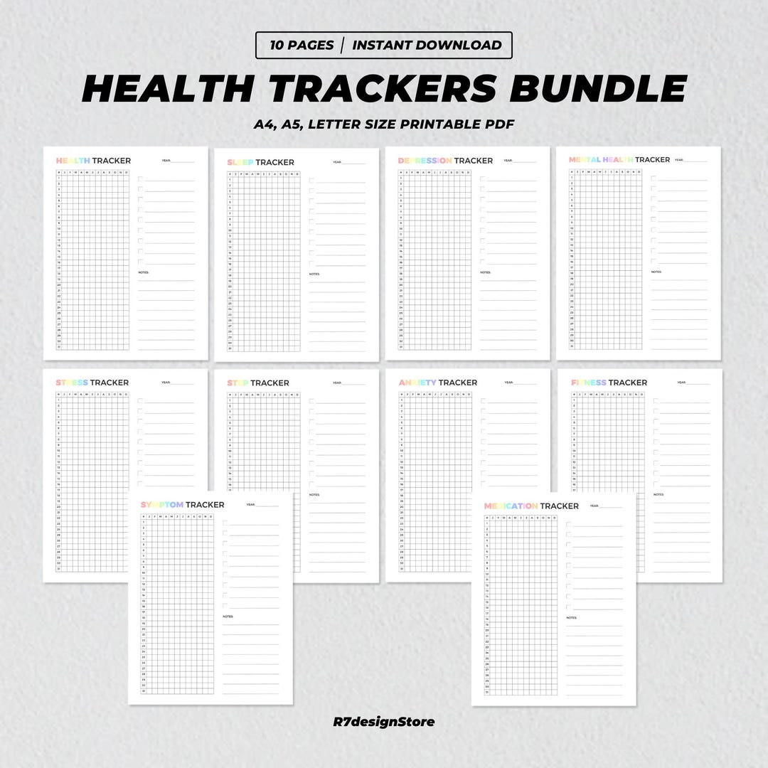Health Trackers Bundle Printable, 10 Wellness Trackers, Medication ...