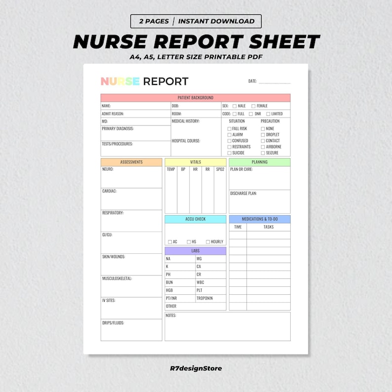 Buy Med Surg Nurse Report Sheet Printable, Single Patient Reporting, Patient Assessment, Nurse ...
