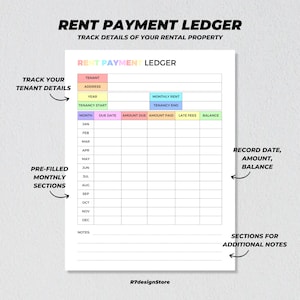 Rent Payment Ledger Printable, Landlord Tenant Payment Tracker, Monthly ...