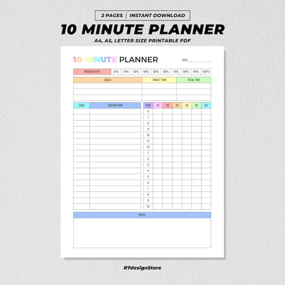 10 Minute Planner Printable, Time Management, Productivity Tracker, Daily Work Goal, Hourly Task Planning, To Do Timeline Schedule A4 A5 PDF
