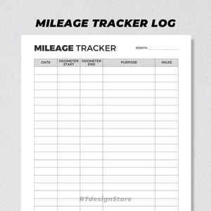 May include: A black and white mileage tracker log with the title "Mileage Tracker Log" and the text "Mileage Tracker" in a larger font. The log has columns for date, odometer start, odometer end, purpose, and miles.