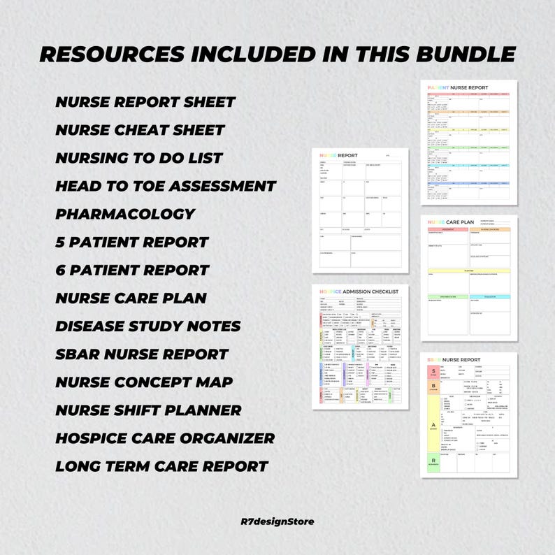 May include: A bundle of nursing resources, including report sheets, cheat sheets, and care plans. The image displays several documents with titles such as "Nurse Report Sheet" and "Nursing To Do List". The text "Resources Included In This Bundle" is at the top.