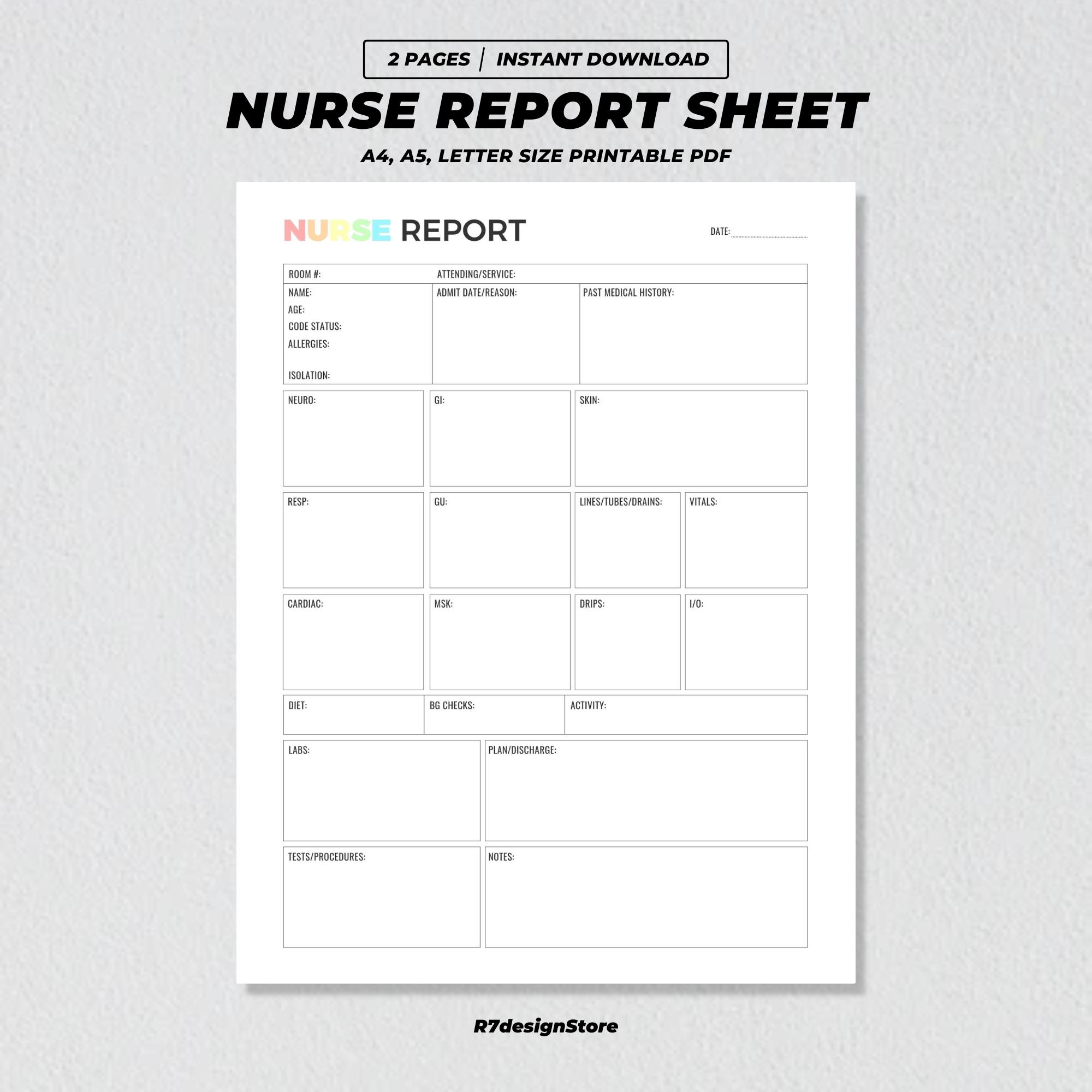 Nurse Report Printable, Nurse Brain Sheet, RN Shift Handoff, Health Assessment Sheet, ICU Med Surg Nurse Organizer, Nursing Student Notes