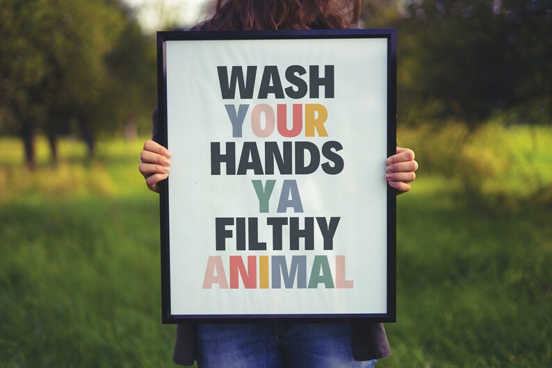 May include: A framed poster with the text "WASH YOUR HANDS YA FILTHY ANIMAL" in colorful letters. The poster is being held by a person in a green field.