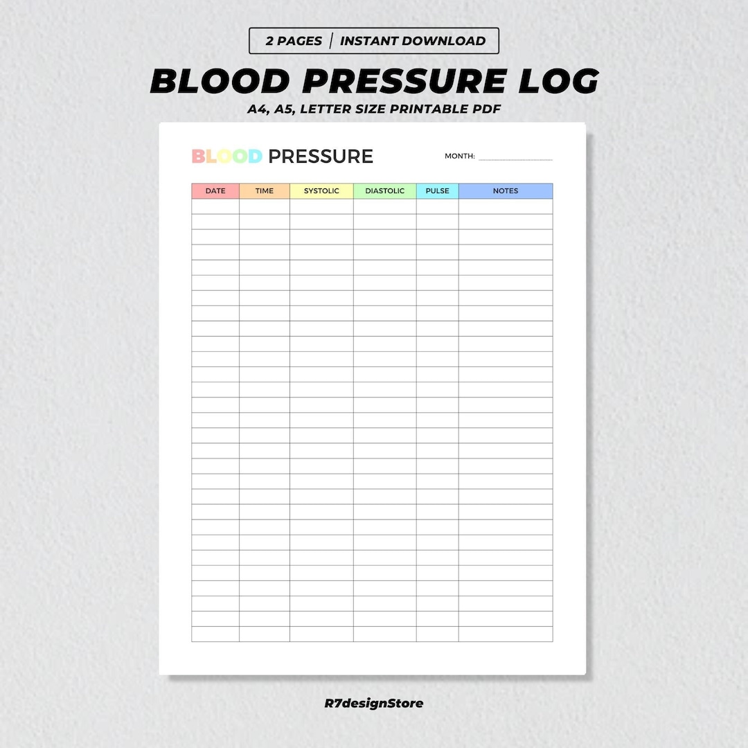 Blood Pressure Log Tracker Printable, High Blood Pressure Record ...