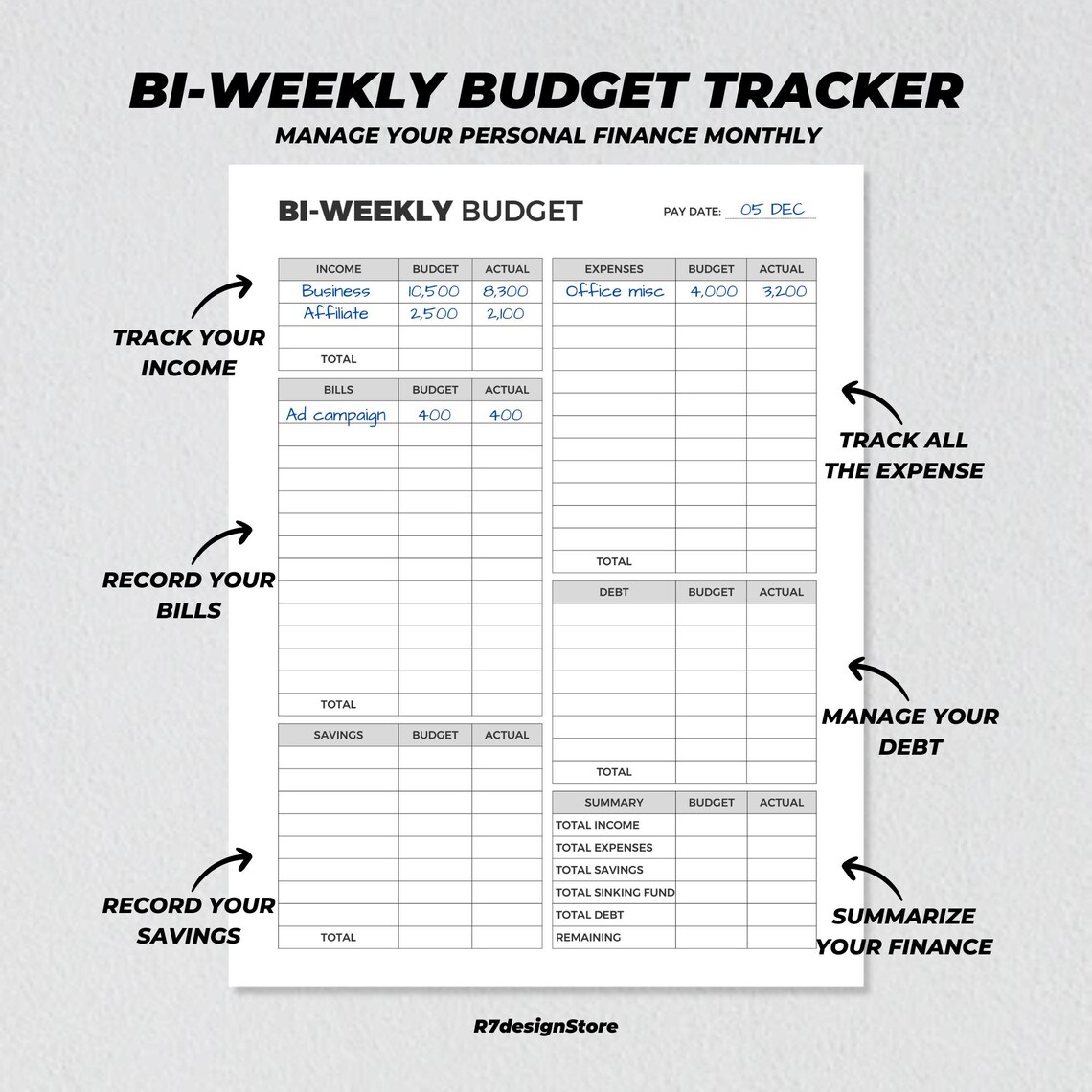 Bi-weekly Budget Printable, Paycheck Budget Overview, Finance Planner ...