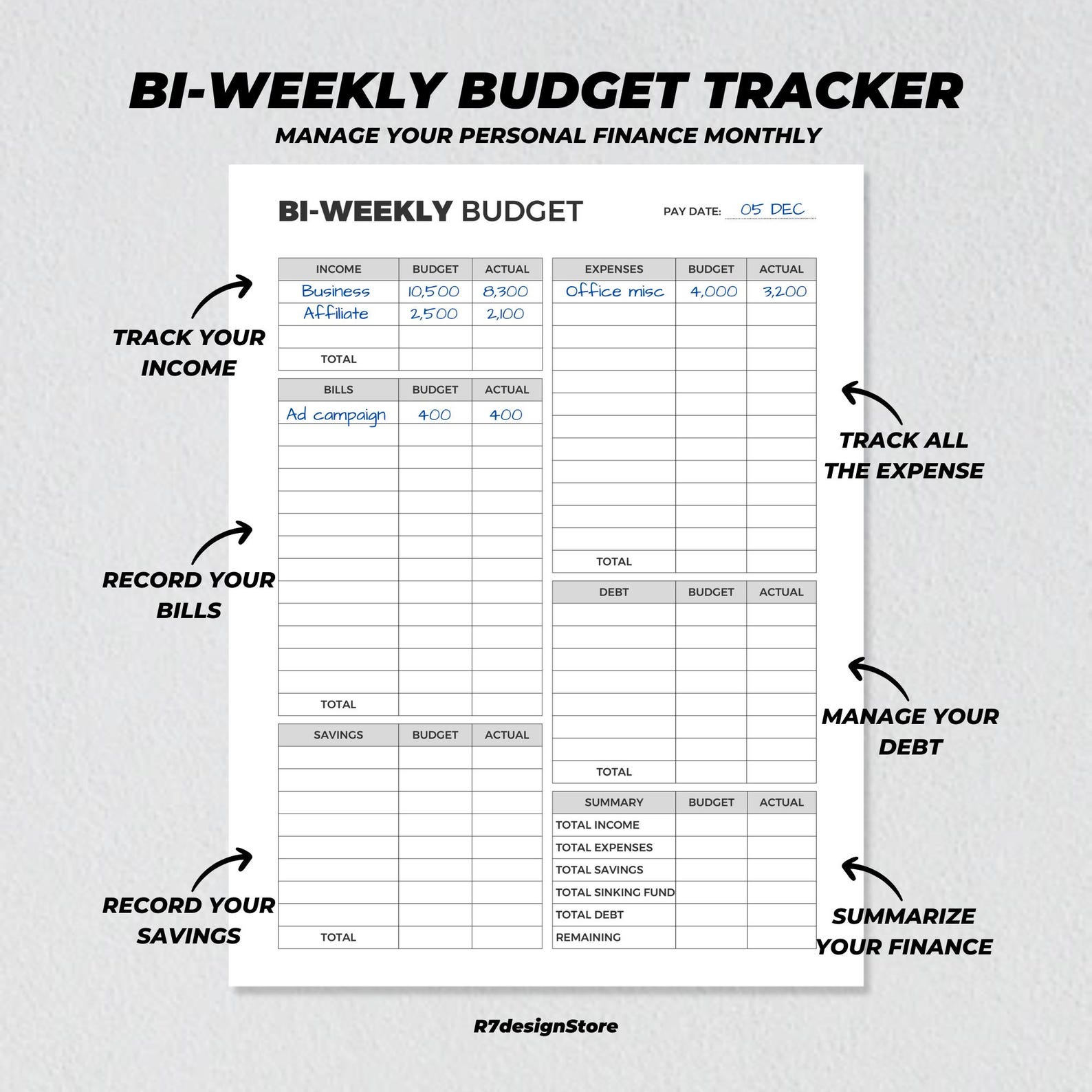 Bi-weekly Budget Printable, Paycheck Budget Overview, Finance Planner ...