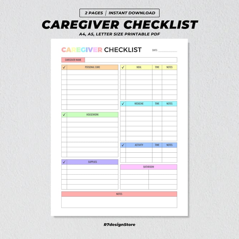 Caregiver Checklist Printable, Elderly Care Planner, Daily Caregiving