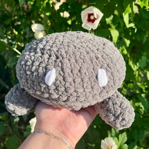 May include: A gray crocheted plush toy shaped like a turtle, with white accents for eyes. The turtle is held in a hand, with a green leafy background and white flowers.
