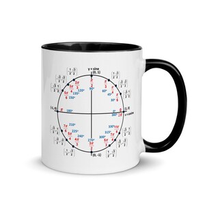 May include: A white ceramic mug with a black rim and handle. The mug features a black and white illustration of a unit circle with trigonometric values and angles labeled in degrees and radians. The text "y = sine (0, 1)" and "x = cosine (1, 0)" are also included.