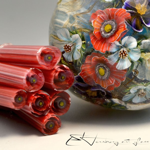 Murini poppies. Sticks 5 cm long. Materials for lampwork. Glass COE104