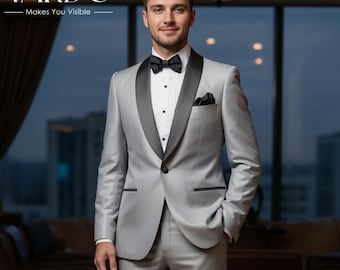 Men’s Light Grey Satin Lapel Tuxedo – Modern Groom Evening Suit