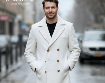 May include: A white double-breasted overcoat with brown buttons. The coat is worn over a black shirt and paired with dark blue jeans and black dress shoes. The image includes the text "VARDO - Makes You Visible".
