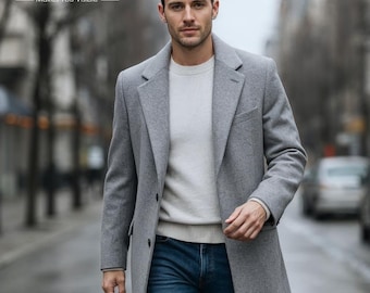 Gabardina de lana gris claro para hombre / Abrigo cruzado