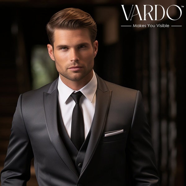 Elegant Dark Grey Three Piece Tuxedo Suit for Men, Premium Wedding & Formal Attire- Tailored Fit, The Rising Sun store, Vardo