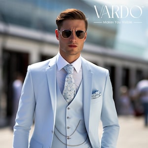 Icy Blue Three Piece Suit: Elegant Tailored Fit Formal Attire