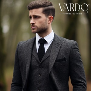 Premium Black Grey Tweed Three Piece Suit for Men- Tailored Fit, The Rising Sun store, Vardo