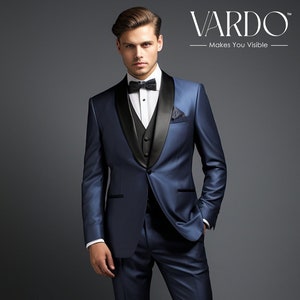 Elegant Dark Blue Three-Piece Tuxedo Suit for Men - Classic Wedding & Formal Attire Men-Tailored Fit, The Rising Sun store, Vardo