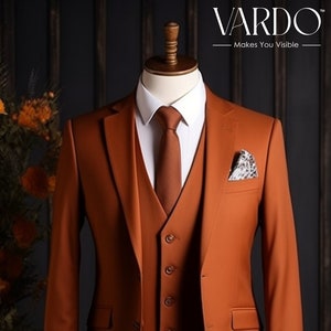 Elegant Rust Color Three Piece Suit for Men -Formal Wedding Attire- Tailored Fit, The Rising Sun store, Vardo