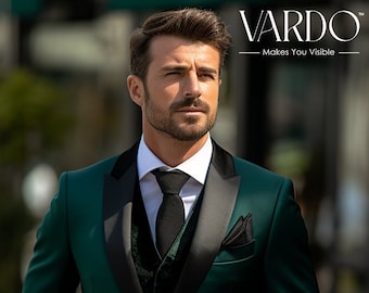 Traje de tres piezas de esmoquin verde esmeralda para hombre para bodas y fiestas