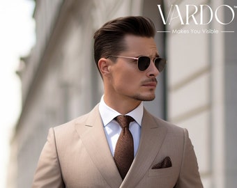 男性用クラシックライトブラウンダブルブレストスーツ