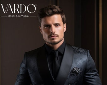 Dark Blue Emboss Print Double Breasted Suit -Tailored Fit, The Rising Sun store, Vardo