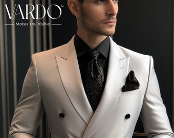 Elegant Light Grey Double Breasted Suit for Men | Classic Formal Attire - Tailored Suit - The Rising Sun store, Vardo